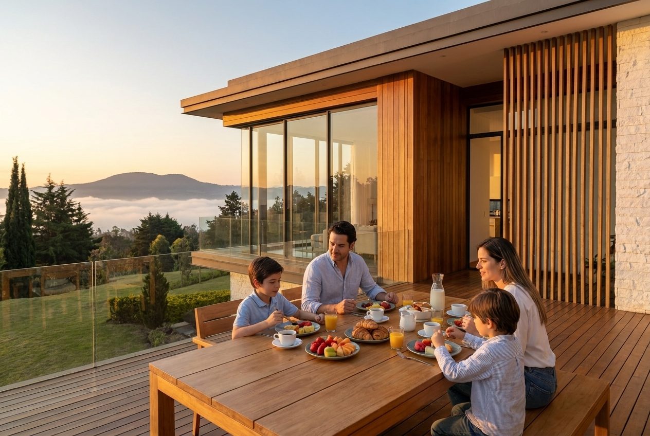Familia desayunando al amanecer con vista al valle