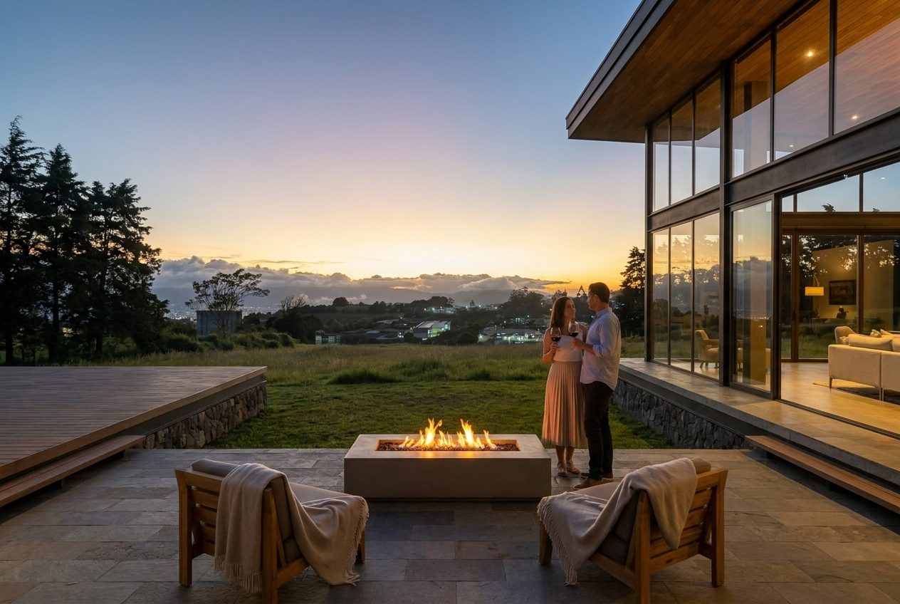 Pareja con vino y fogata frente al volcán al atardecer
