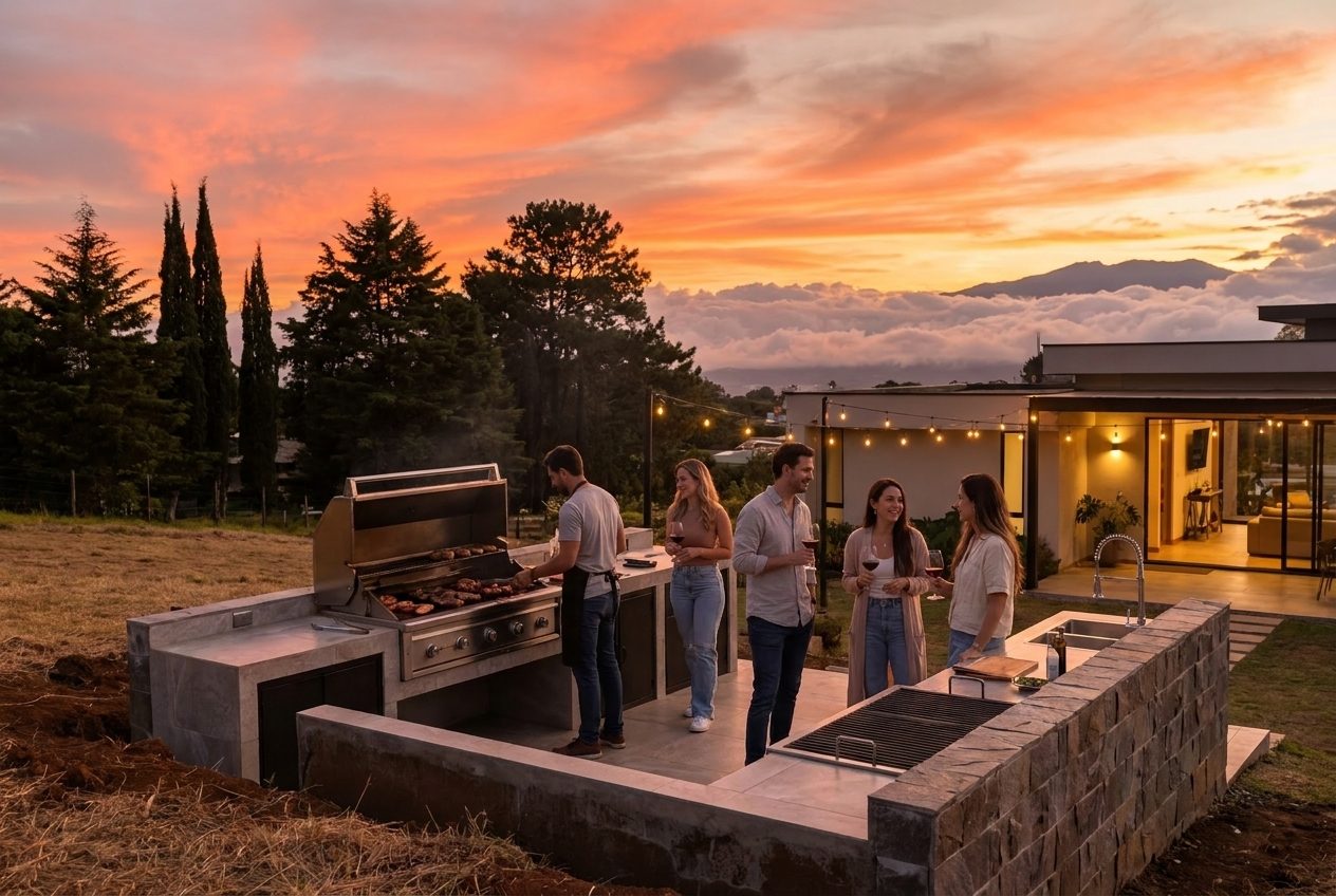 BBQ con amigos al atardecer