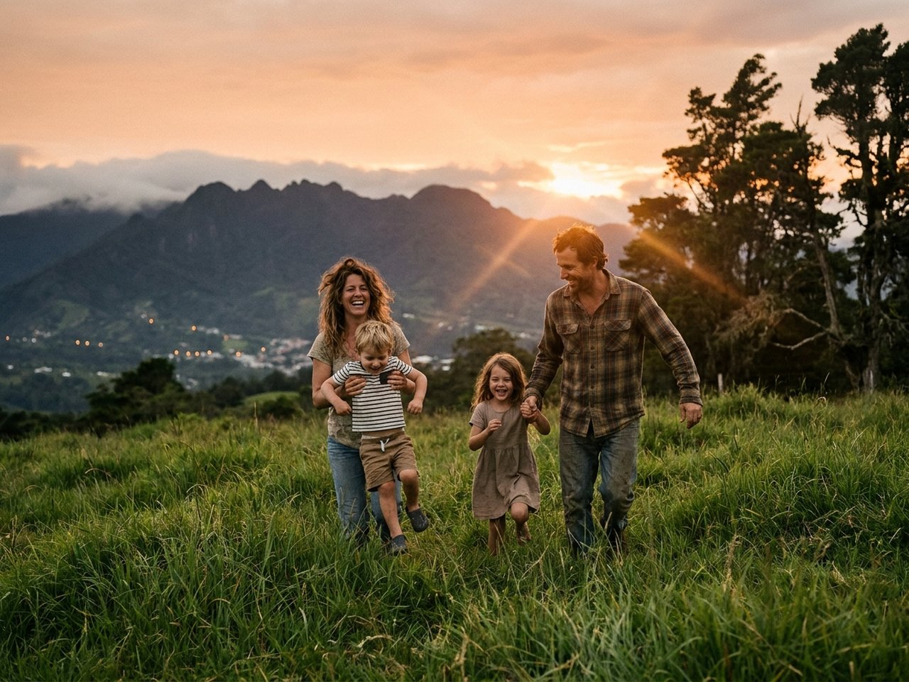 Familia corriendo feliz en el campo al atardecer con la cordillera al fondo